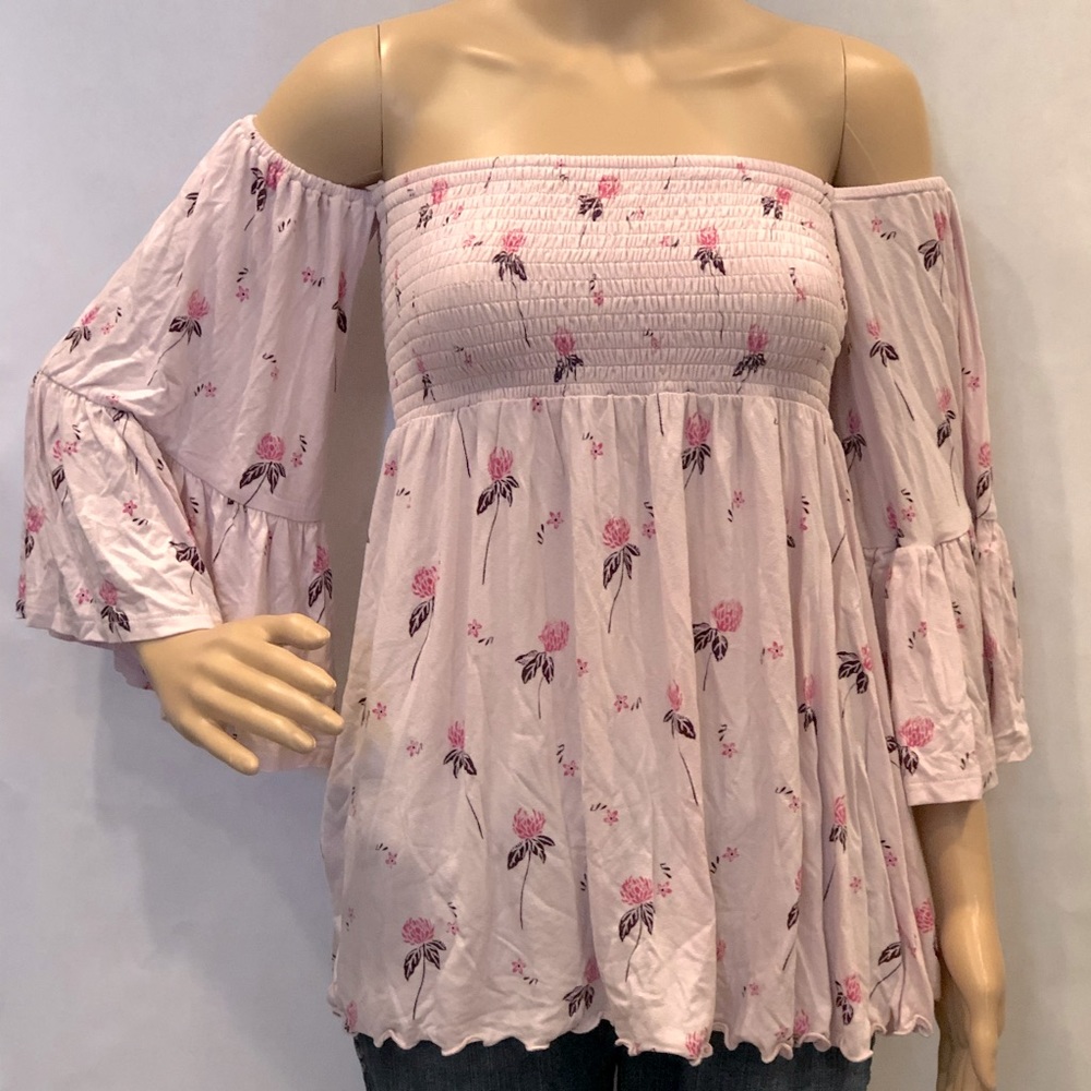 FREE PEOPLE BOHO PINK OFF THE SHOULDER TOP WITH FLOWING “BELL” SLEEVES